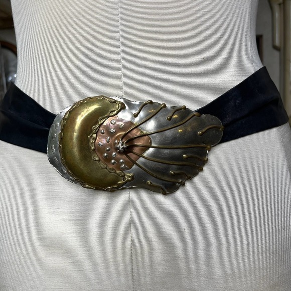 Vintage 80s Celestial Moon and Sun Belt in Brutalist Style Metal and Leather main image 9